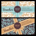 Vector gift voucher with vintage ornament background and ribbon. Royalty Free Stock Photo