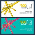 Vector gift vouchers with bow ribbons, white and blue backgrounds. Royalty Free Stock Photo