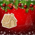 Gingerbread haus New Year design background. Template card whit red Christmas balls on the green branches. Silhouette of a