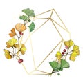 Vector. Ginkgo leaf. Frame golden crystal. Geometric quartz polygon crystal stone polyhedron mosaic shape amethyst gem.