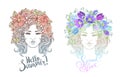 Vector girl decorative hairstyle with flowers, leaves in hair in doodle style. Nature, ornate, floral illustration and