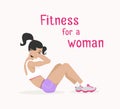 Vector girl does abdominal crunches, woman works out