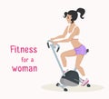 Vector girl does exercise bike, woman makes fitness workout