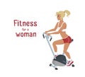 Vector girl does exercise bike, woman makes fitness workout