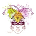 Vector girl face in outline clown or harlequin cap, mask, peacock feathers and beads in pastel yellow, green and violet isolated.