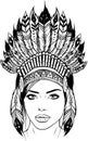 draw in black and white of Beautiful girl in a headdress of North American Indians.