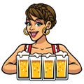 Girl of oktoberfest holding bunch of beers