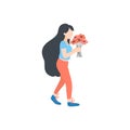 Vector girl pick flowers, summer spring outdoor activities.