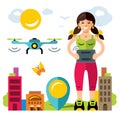 Vector Girl quadrocopter flight controls. Flat style colorful Cartoon illustration.