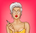 Vector girl with lips holds red lipstick.