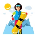 Vector Girl with snowboard. Snowboarding. Flat style colorful Cartoon illustration. Royalty Free Stock Photo