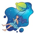 Fantastic illustration of a girl swinging on a space swing  with  a star background and a planet. Royalty Free Stock Photo