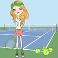 Vector girl Tennis player on the Tennis court with Royalty Free Stock Photo