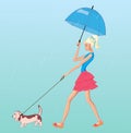 Vector girl walk with dog in the rain