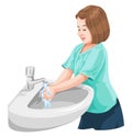 Vector of girl washing hands in wash basin. Royalty Free Stock Photo