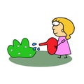 Vector. Girl watering a bush with flowers. Red watering can for watering plants in the hands of a woman. Caring for plants. Color Royalty Free Stock Photo