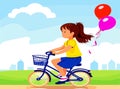 Vector girl woman child rides bike bicycle holding colorful balloons in hand through natural landscape by green grass of Royalty Free Stock Photo