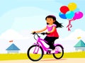 Vector girl woman child rides bike bicycle holding colorful balloons in hand through natural landscape by green grass of Royalty Free Stock Photo