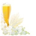 Vector glass of froth beer with ornate wreath of Hops and barley ears on white. Contour hops, barley for Oktoberfest. Royalty Free Stock Photo