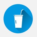 Vector glass icon with soda and straw icon on blue background. Flat image with long shadow Royalty Free Stock Photo