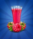 Vector glass of juice with raspberry on blue background Royalty Free Stock Photo