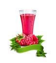 Vector glass of juice with raspberry and ribbon on whit