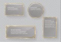Vector glass modern banner set with shiny golden metallic frame on transparent background. Royalty Free Stock Photo