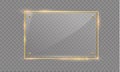 Vector glass modern banner set with shiny golden metallic frame on transparent background. Royalty Free Stock Photo