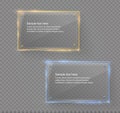 Vector glass modern banner set with shiny golden metallic frame on transparent background. Royalty Free Stock Photo