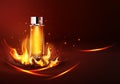 Vector glass vial on a dark background in flames and smoke.Element for modern design, advertising for sales, template cosmetic, p