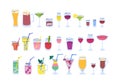 Vector glasses with alcohol and non alcohol drinks set. Doodle different types of glasses filled with beverages. Vodka