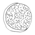 Vector glazed donut with sprinkles. Hand drawn simple black and white illustration. Top view doughnut