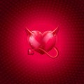 Vector glossy beautiful sexy heart with devil horns and a tail on the red background with heart halftone.