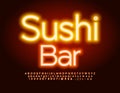 Vector glowing Banner Sushi Bar. Bright Electric Font. Modern Neon Alphabet Letters and Numbers set