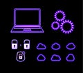 Vector glowing blue computer icons, lock and unlock signs, shining cogwheel, symbols, neon lines.