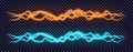 Vector glowing blue and orange lightning set. Electric energy or audio wave design elements.