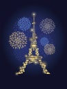 Vector Glowing Eiffel Tower Surrounded By Fireworks in Paris Silhouette At Night. . French Landmark On Dark Blue Royalty Free Stock Photo