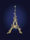 Vector Glowing Golden Eiffel Tower in Paris Silhouette At Night. . French Landmark On Dark Blue Background.