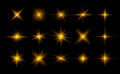 Vector glowing light effect collection. Yellow shine, sparks, flare, flash illustration on a black background