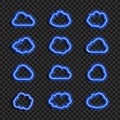 Vector Glowing Neon Blue Clouds Set Isolated on Dark Transparent Background, Icons Collection, Data Cloud, Weather Sign. Royalty Free Stock Photo