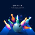 Vector glowing neon bowling club banner or poster with multicolor 3d bowling balls and pins. Royalty Free Stock Photo