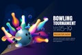 Vector glowing neon bowling tournament banner or poster with multicolor 3d bowling balls and pins. Royalty Free Stock Photo