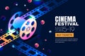 Vector glowing neon cinema festival banner. Film reel in 3d isometric style on abstract night cosmic sky background. Royalty Free Stock Photo