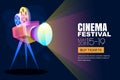 Vector glowing neon cinema festival poster or banner background. Colorful 3d style movie camera with film spotlight.