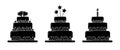 Vector glyph Birthday Cake set. Three black shapes of big desserts on white