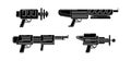 Vector glyph blasters collection. Four toy gun set in black rubber stamps Royalty Free Stock Photo