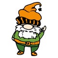 Vector gnome in a flat style. An isolated dwarf, drawn in cartoon style with a star on a striped orange hat, in green clothes with