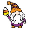 Vector gnome for Halloween with candy corn in his hand. a hand-drawn flat-style gnome with a white beard, purple clothes