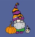 Vector gnome with a pumpkin, spider and a candle skull in a flat style for Halloween. A doodle-style Halloween gnome in orange and Royalty Free Stock Photo