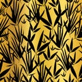 Vector Gold and Black Asian Bamboo Leaves Seamless Pattern Background. Great for tropical vacation fabric, cards